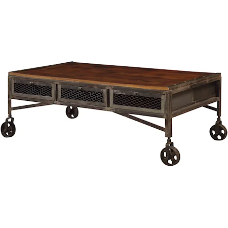 Rectangular Wood & Metal Cocktail Table with Six Drawers & Wheels